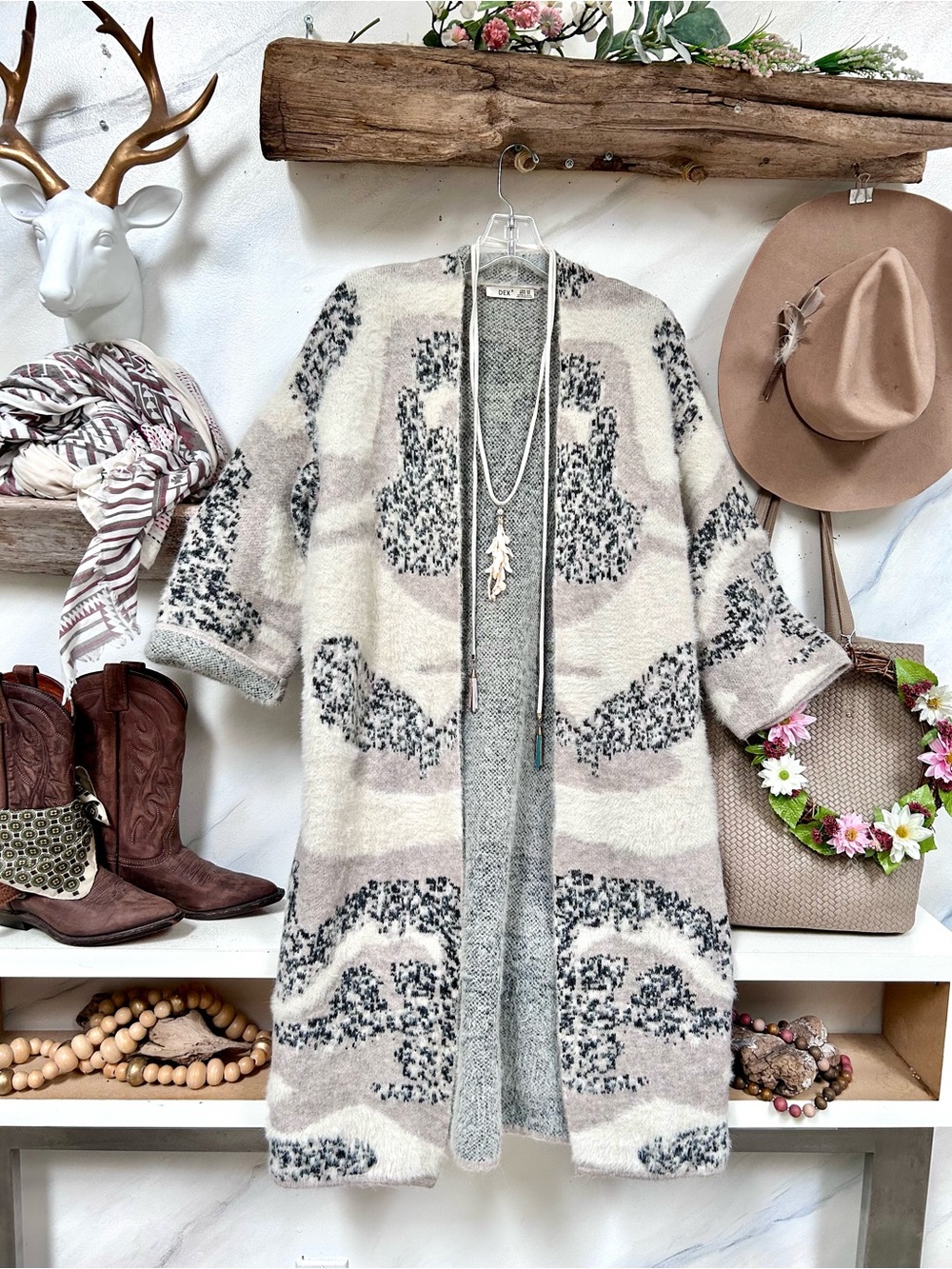 Long Dex Open-Front animal print accent boho Cardigan in Cream & Gray